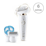 Épilateur Silk-épil 9 Flex 9010 avec technologie Wet & Dry et 6 accessoires dont brosse exfoliante en profondeur pour le corps.